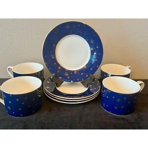 Sakura Galaxy 4 Cups Saucers Set Cobalt Blue 14K Gold Stars Celestial Vintage